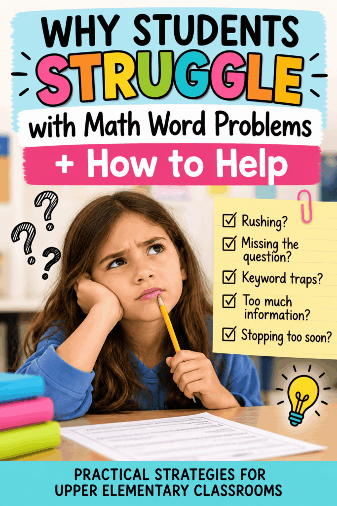 Pinterest graphic about why upper elementary students struggle with math word problems, featuring a student thinking through a worksheet and a checklist of common trouble spots such as rushing, missing the question, keyword traps, too much information, and stopping too soon.