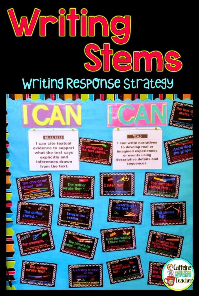 citing-text-evidence-with-writing-stems bulletin board image with I Can statements