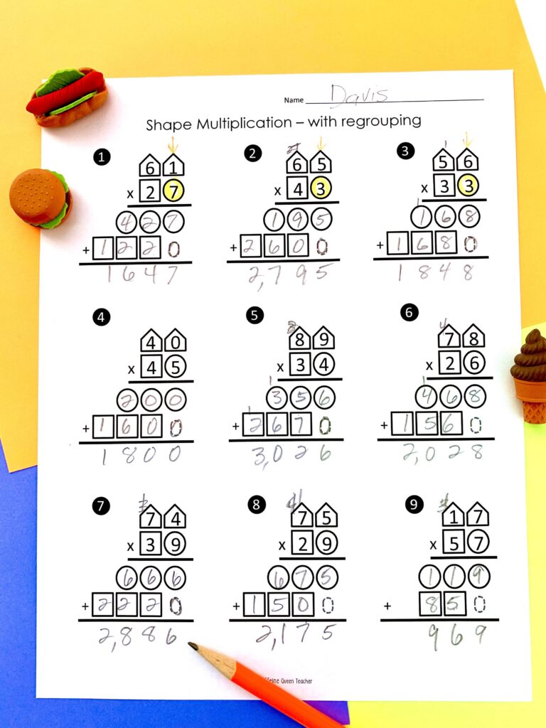 worksheet showing 2-digit multiplication problems using a graphic organizer to learn the process