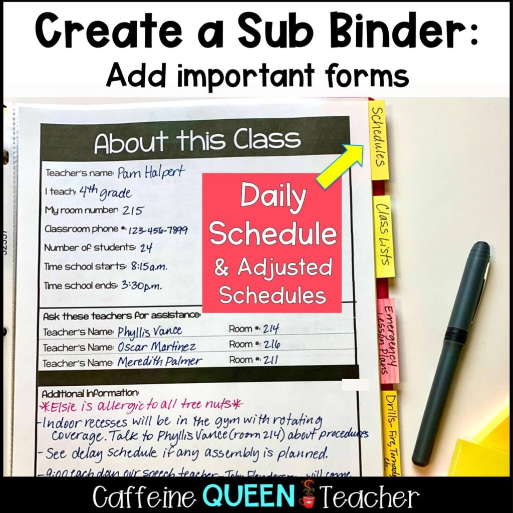 Image of a sub tub - substitute teacher binder for with daily schedules and class information