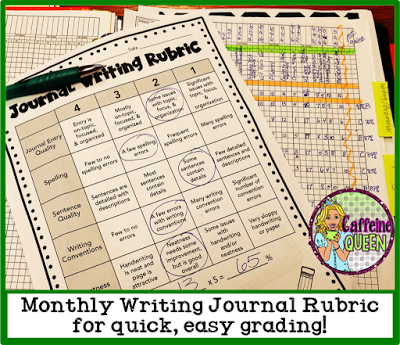 Journal writing prompts set for students include rubrics that make grading quick and easy for time-crunched teachers