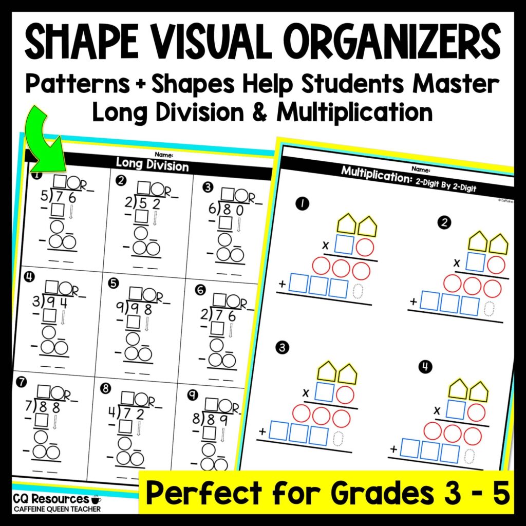 Screenshot showing color-coded Shape Visual Organizers for long division and multi-digit multiplication. Each organizer uses shapes and colors to guide students step-by-step through solving problems. Ideal for 3rd–5th grade, special education, and math intervention.