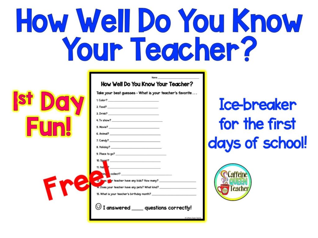 Free ICEBREAKER for the first days of school - students guess their teacher's favorite things!