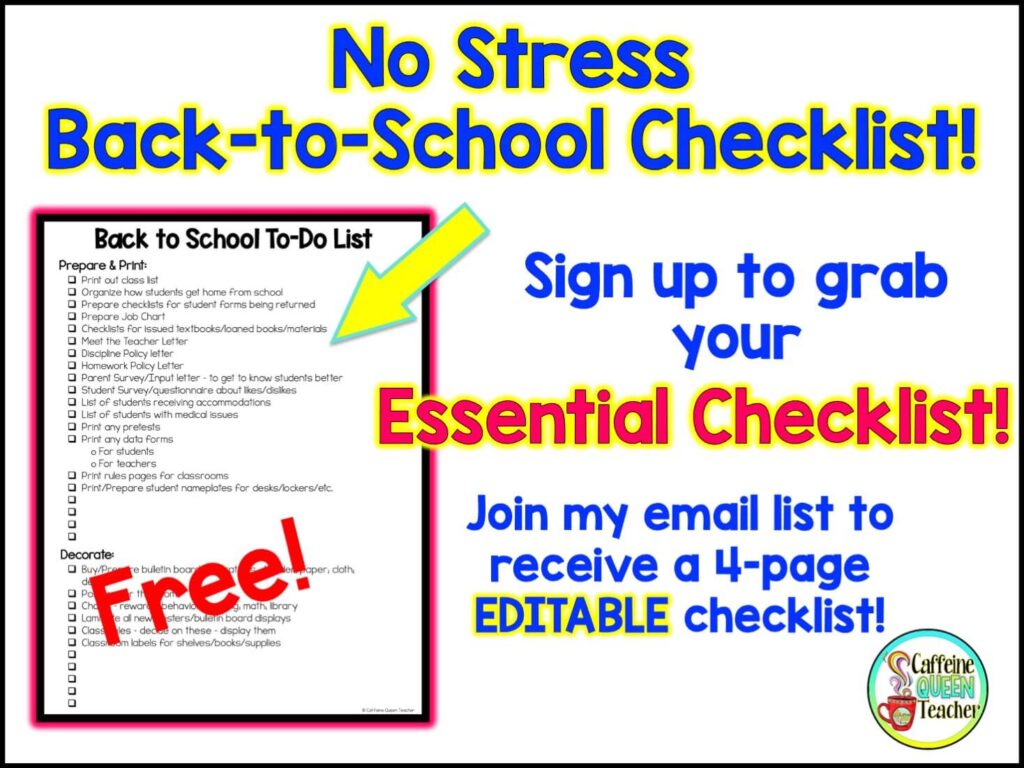 Download this FREE No Stress Back to School Checklist from Caffeine Queen Teacher