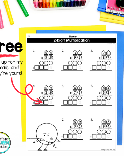 free differentiated 2-digit multiplication practice pages from Caffeine Queen Teacher
