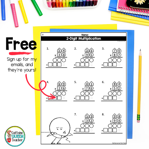 free differentiated 2-digit multiplication practice pages from Caffeine Queen Teacher