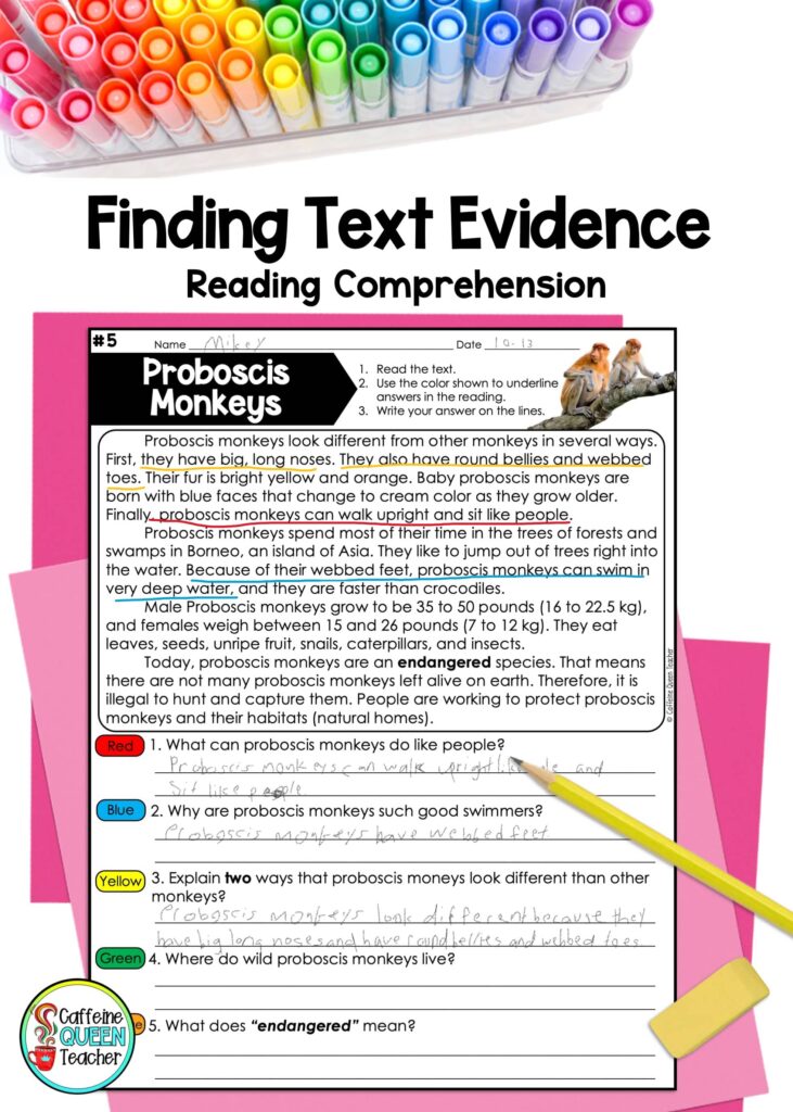 text evidence teaching resource cover for reading passages about primates and woodland animals