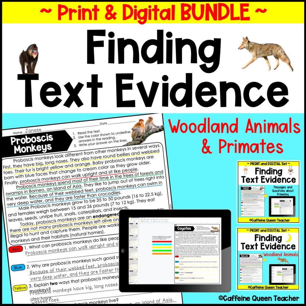 text evidence teaching resource cover for reading passages about primates