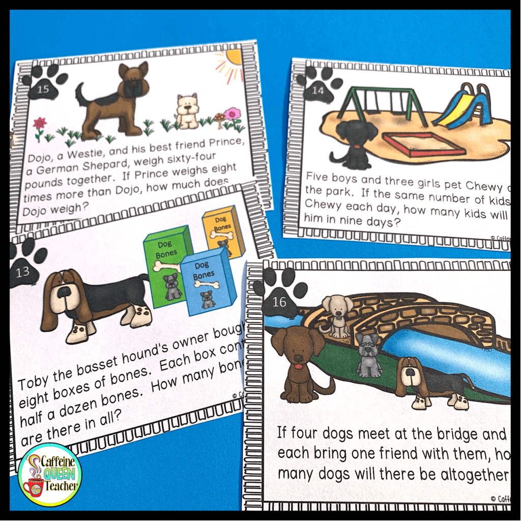 image of one-step multiplication word problems task cards with dogs