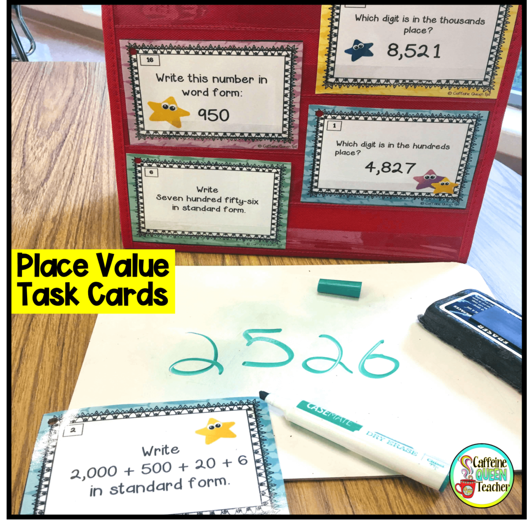 image of place value task cards and white board