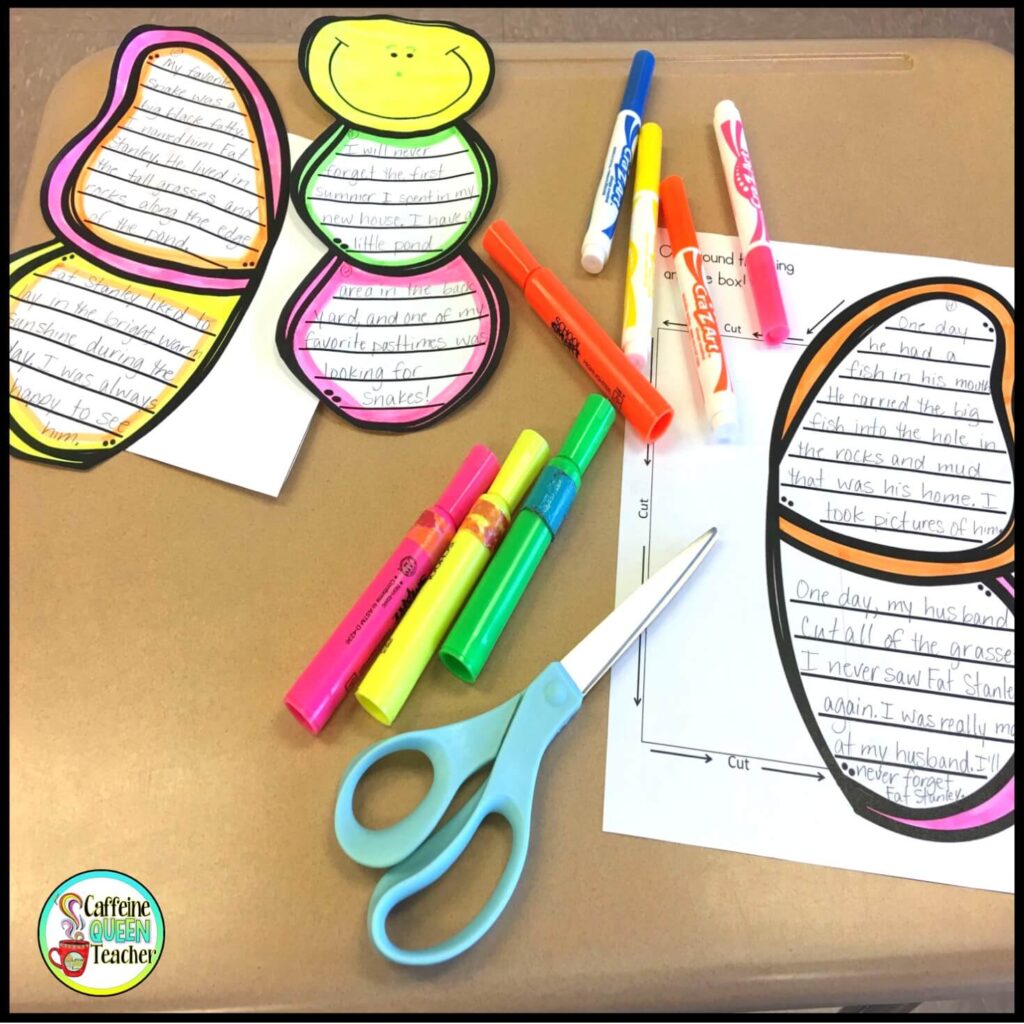 Butterfly essay and story writing craft activity being colored by markers and put together