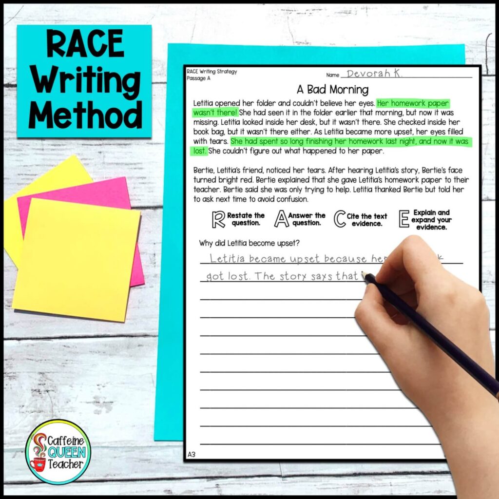 image of student using the RACE method to answer a text-based question during class