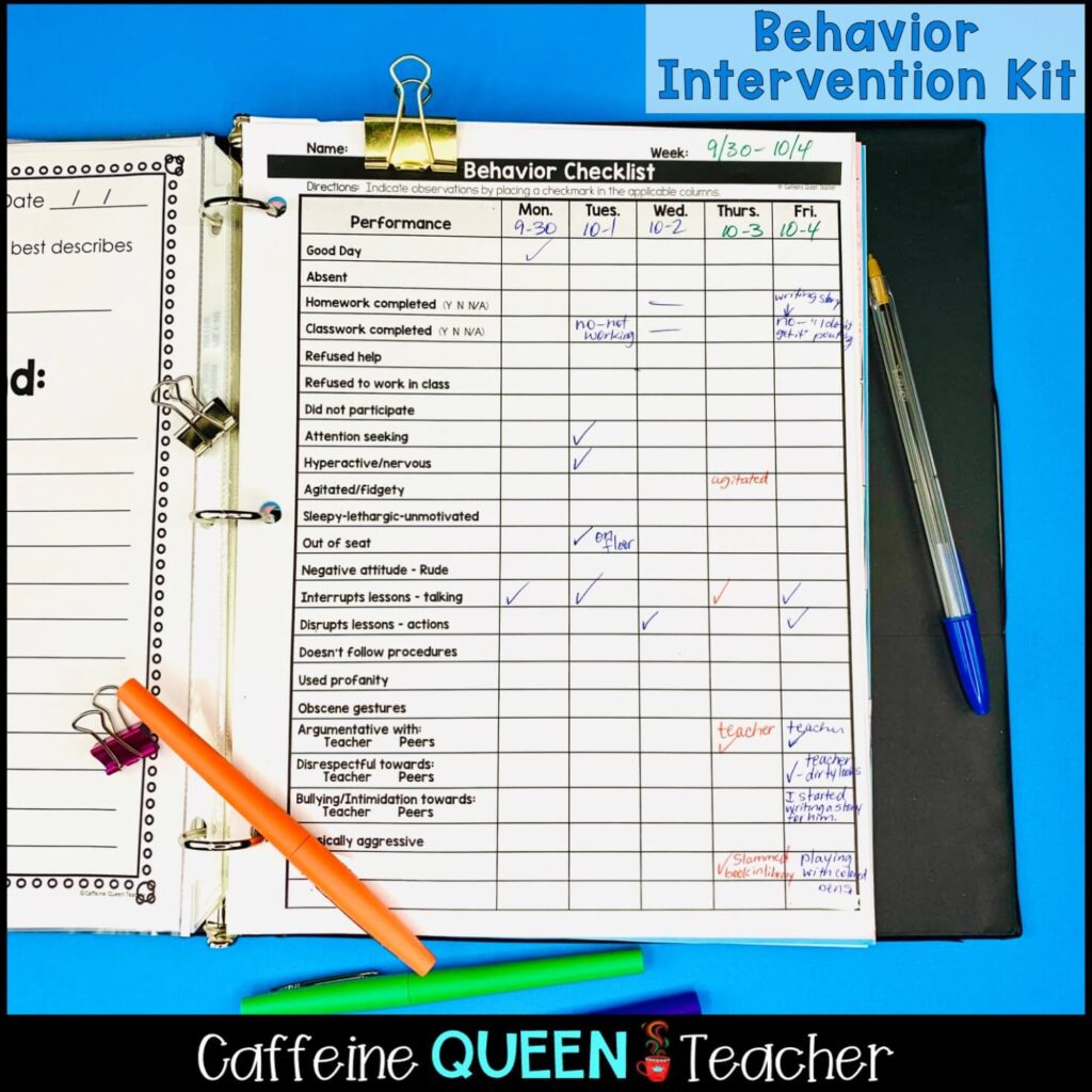 image shows a behavior checklist for teachers to collect data and help misbehaving students