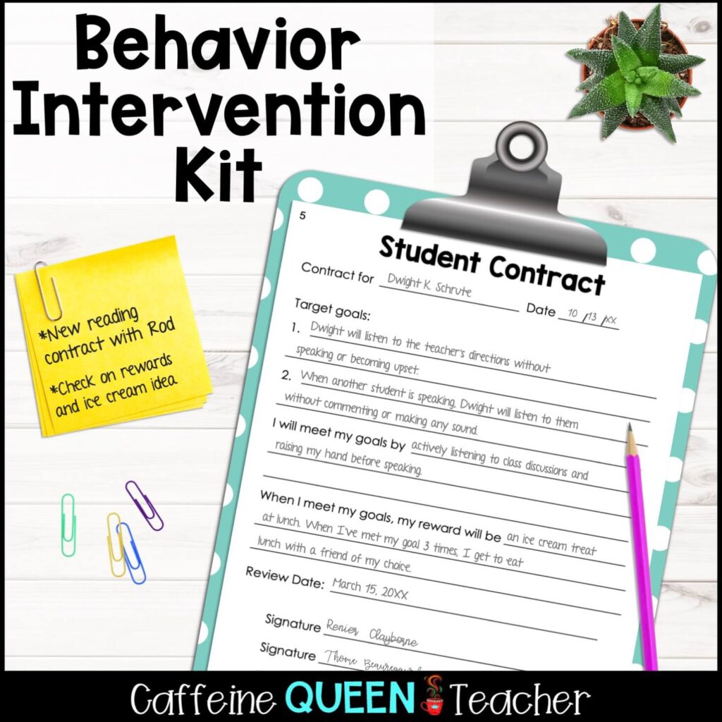 image of a student contract developed by a teacher to correct misbehavior