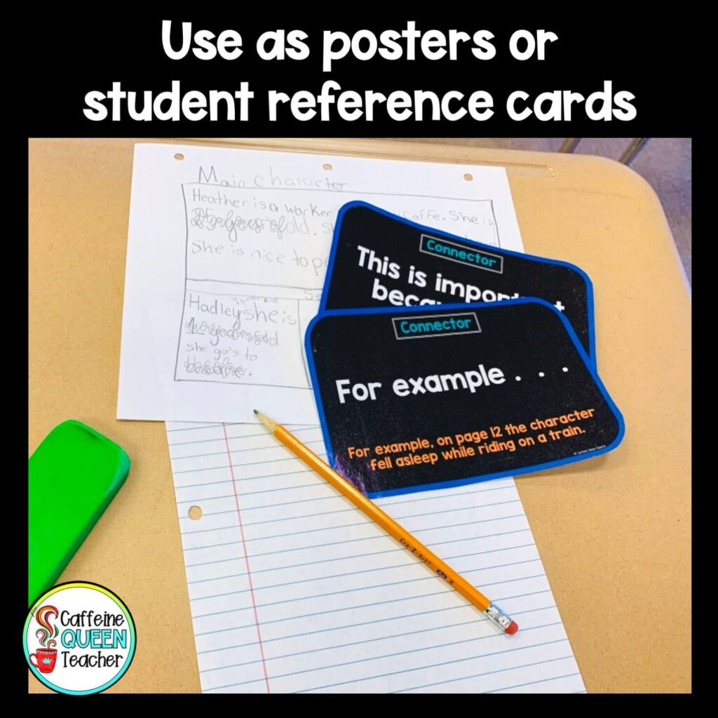 student reference cards for answering questions about reading passages