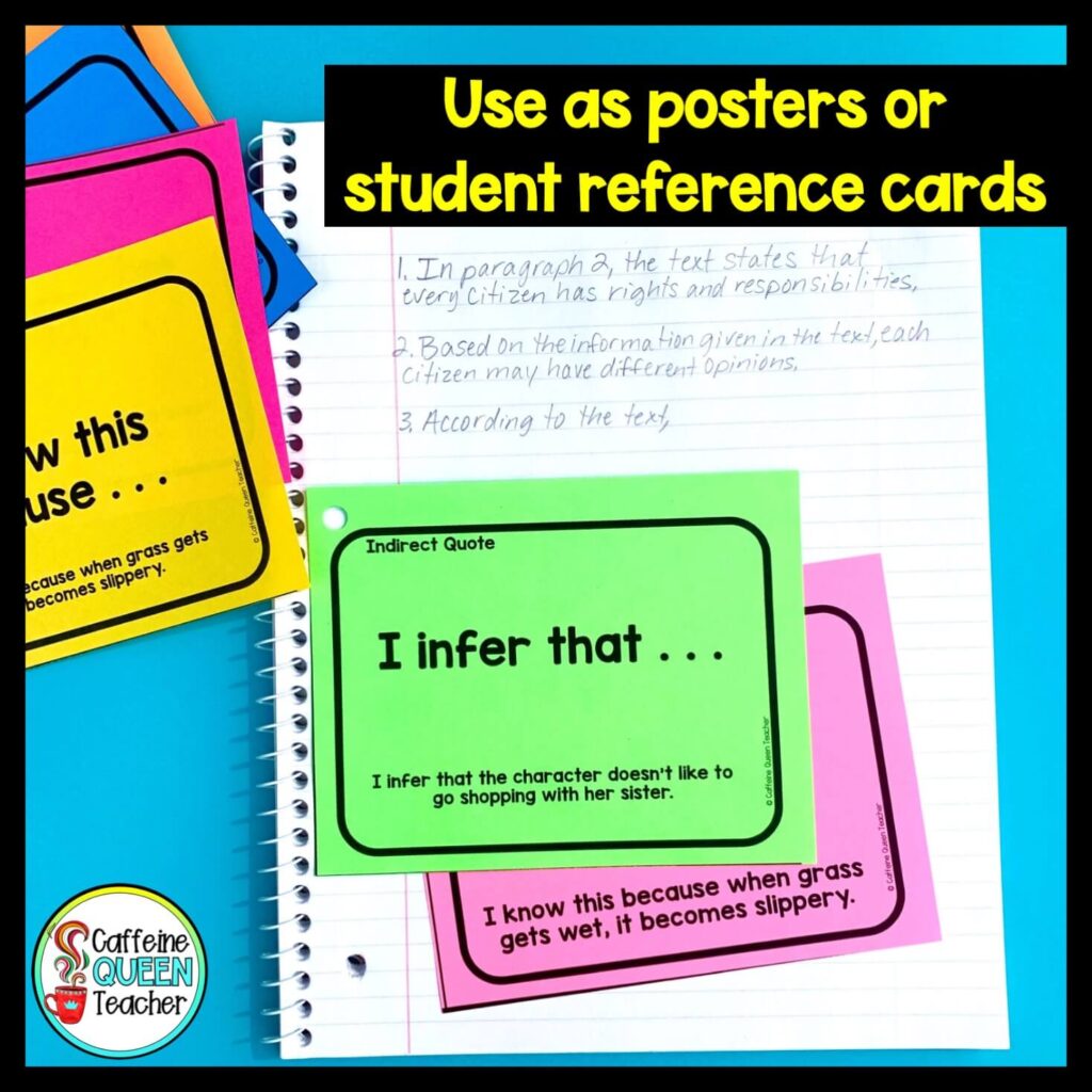 student reference cards for citing information from reading passages