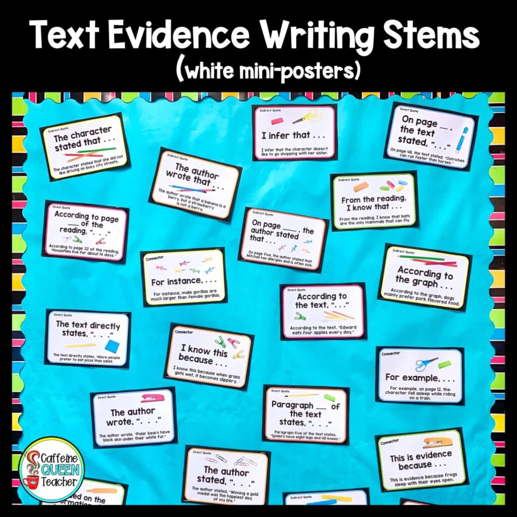 Sentence starters for students on a bulletin board as a reference for how to cite evidence in written answers