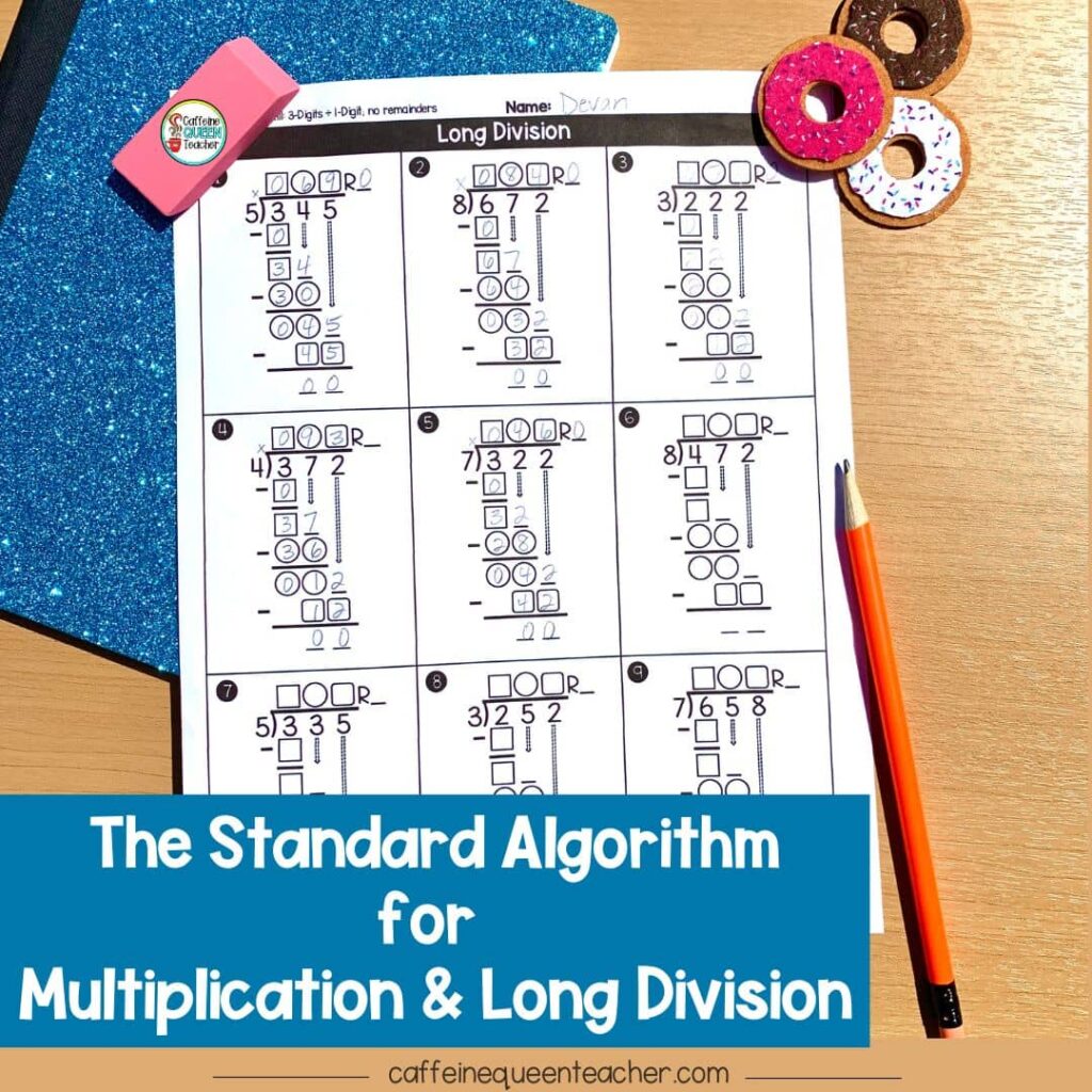 long division worksheet showing how to divide using the standard algorithm