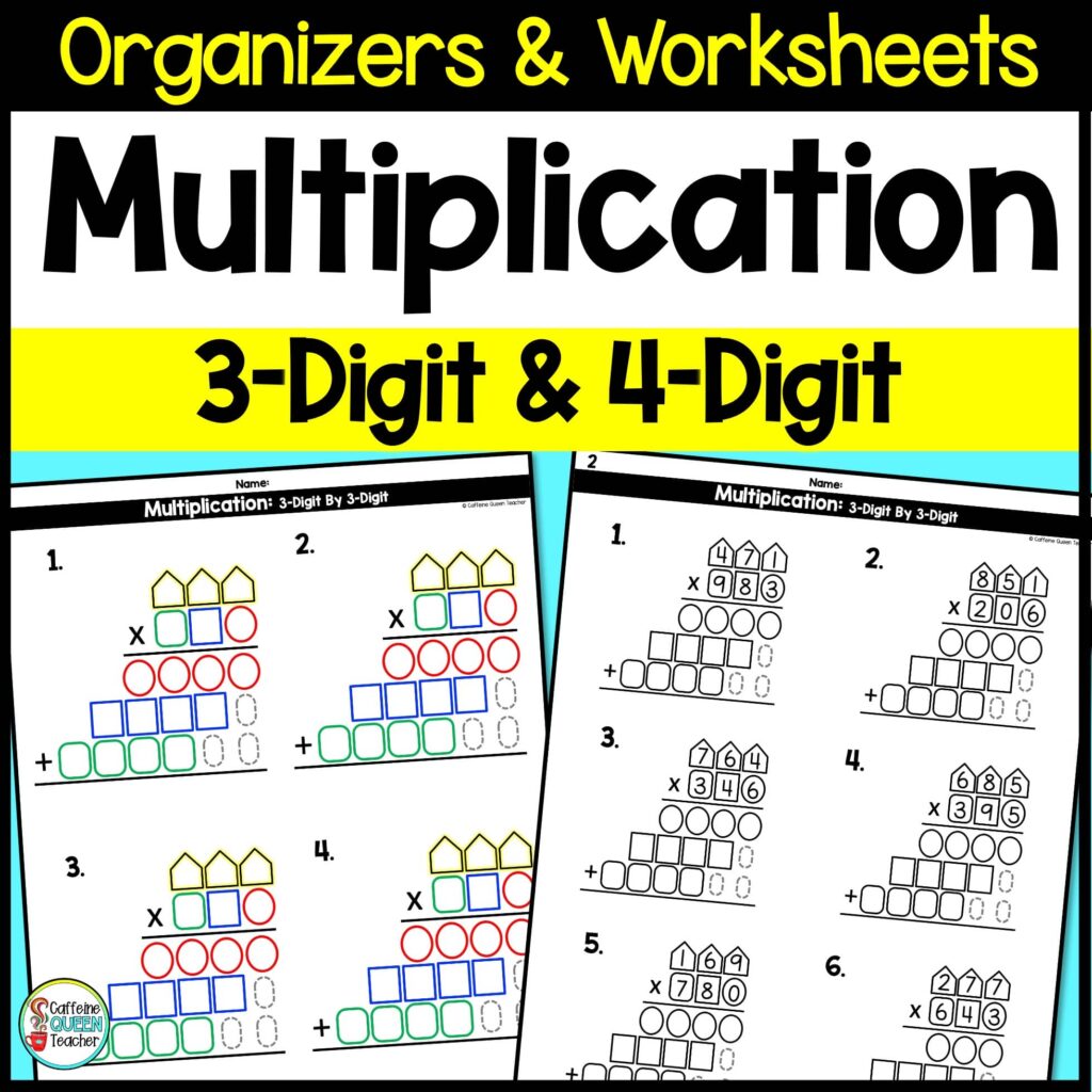 3-digit multiplication and 4-digit multiplication worksheets and organizers set