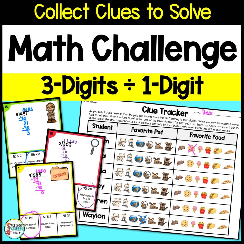 long division 3-digit by 1-digit math mystery challenge