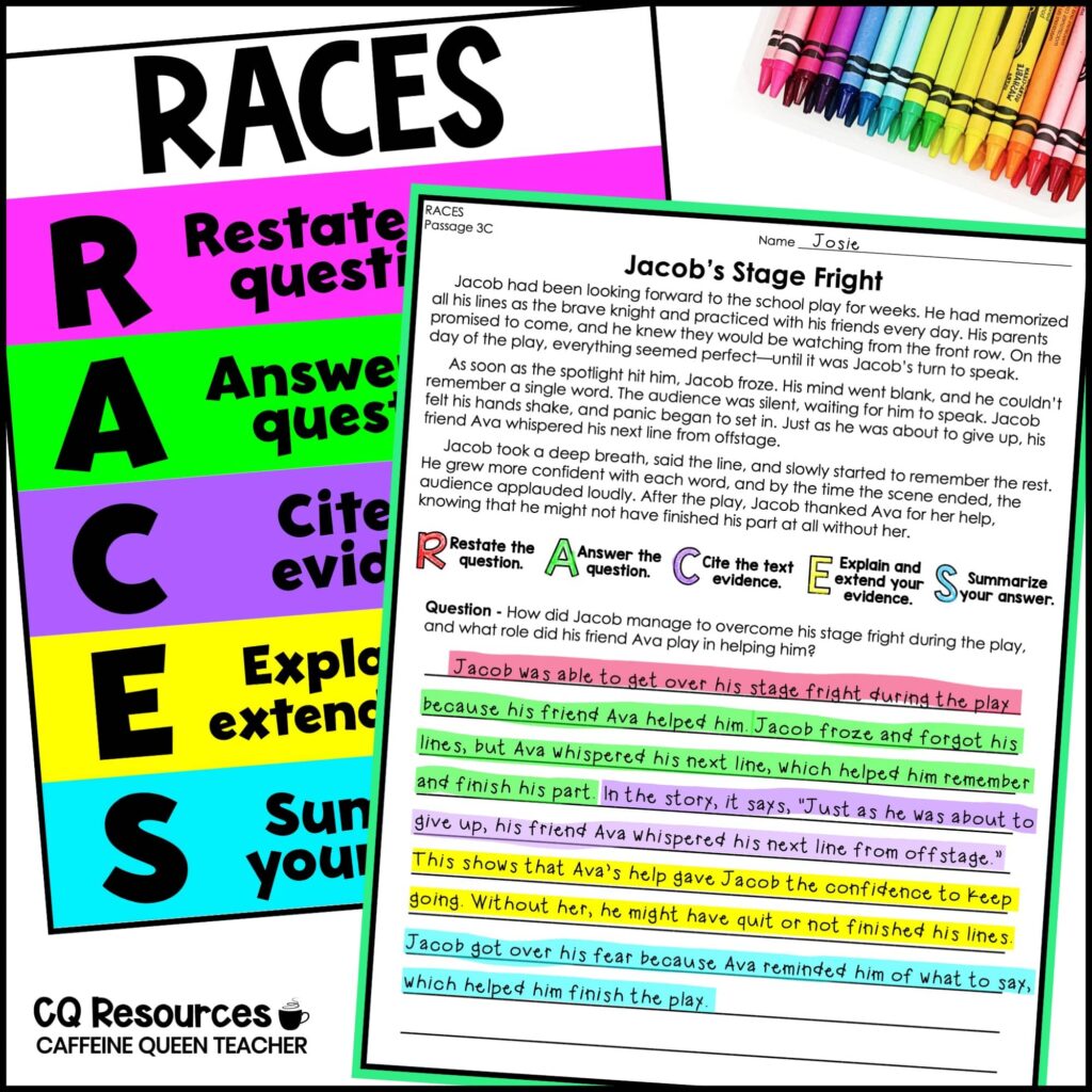 Completed RACES writing strategy response example for elementary students