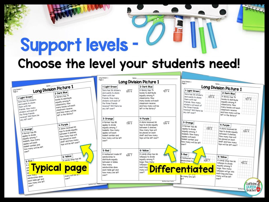 differentiated long division color by number activity pages