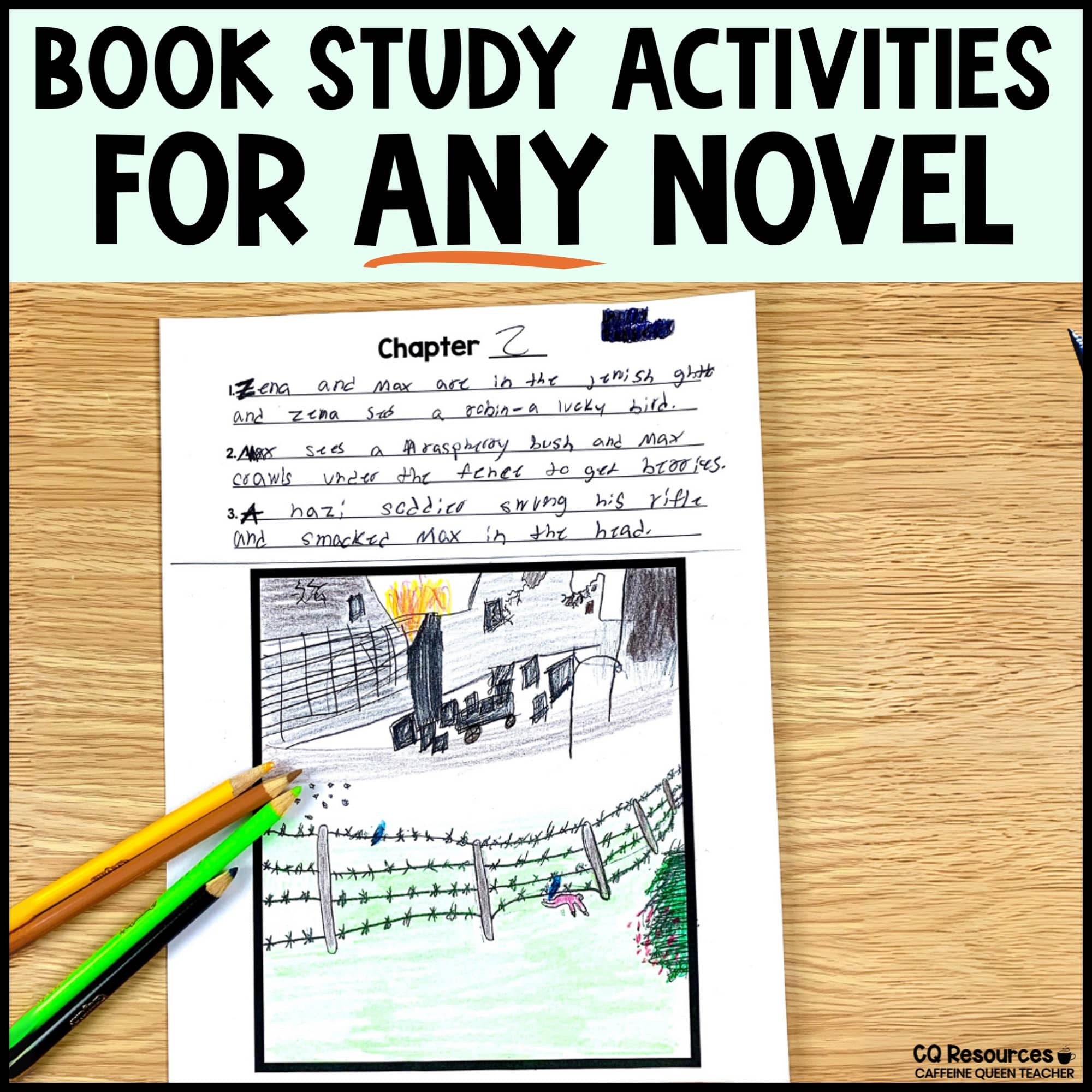 image of a student's worksheet with a chapter summary and picture of a scene drawn by a student.