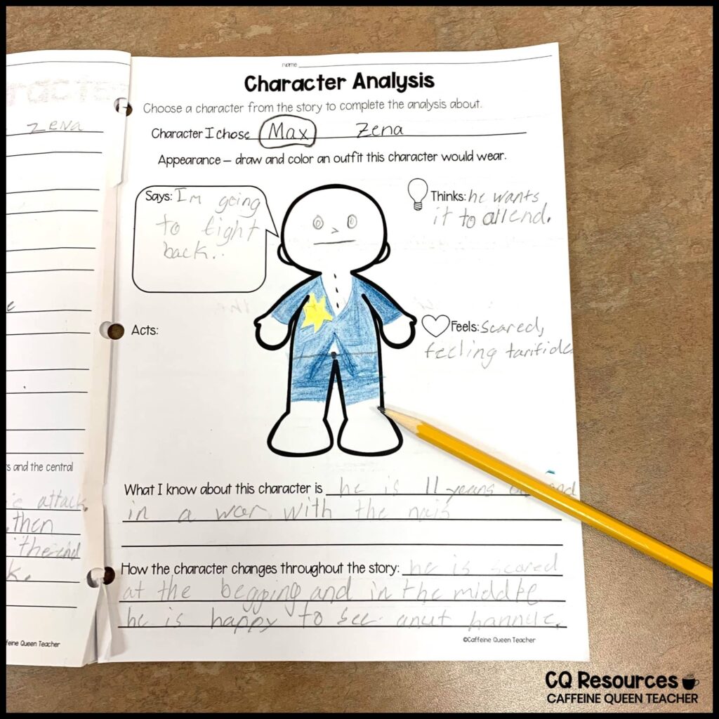 Character analysis page completed by a student to show understanding of the main character