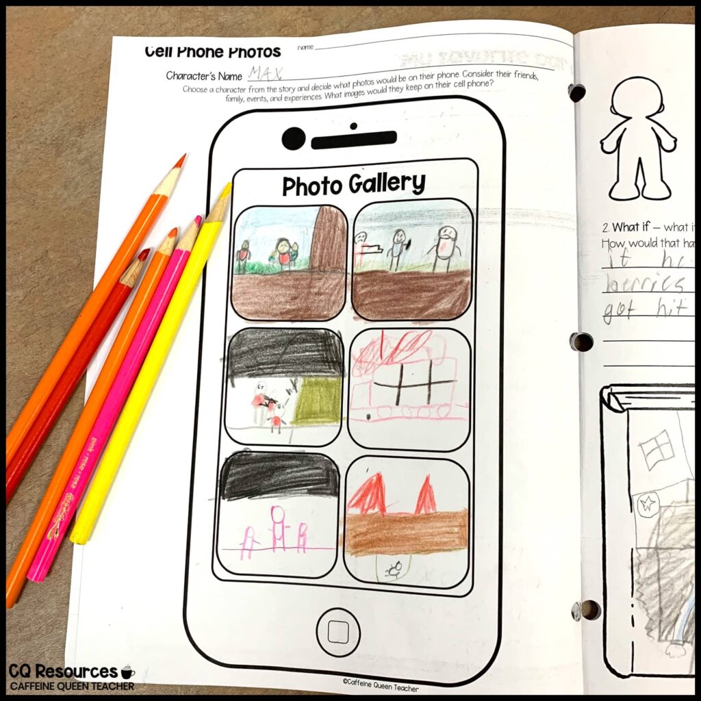 image of student's novel packet with drawings that show novel comprehension