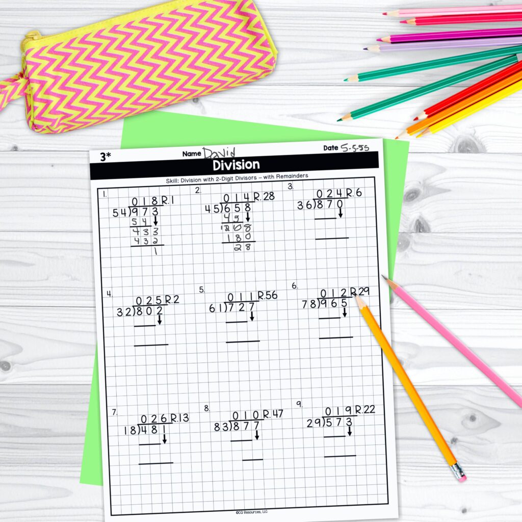 practice page for students dividing by 2 digit divisors