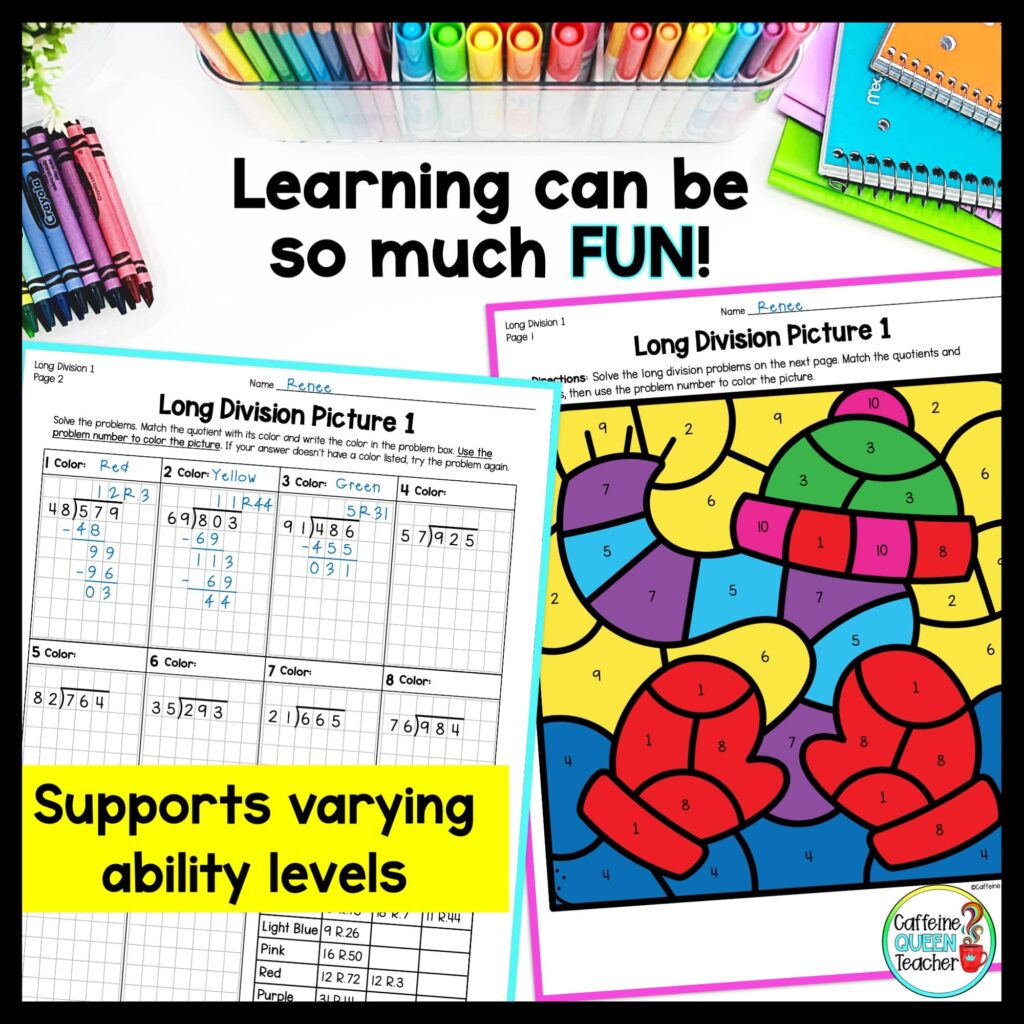 image of long division by 2-digit divisors color by number winter set