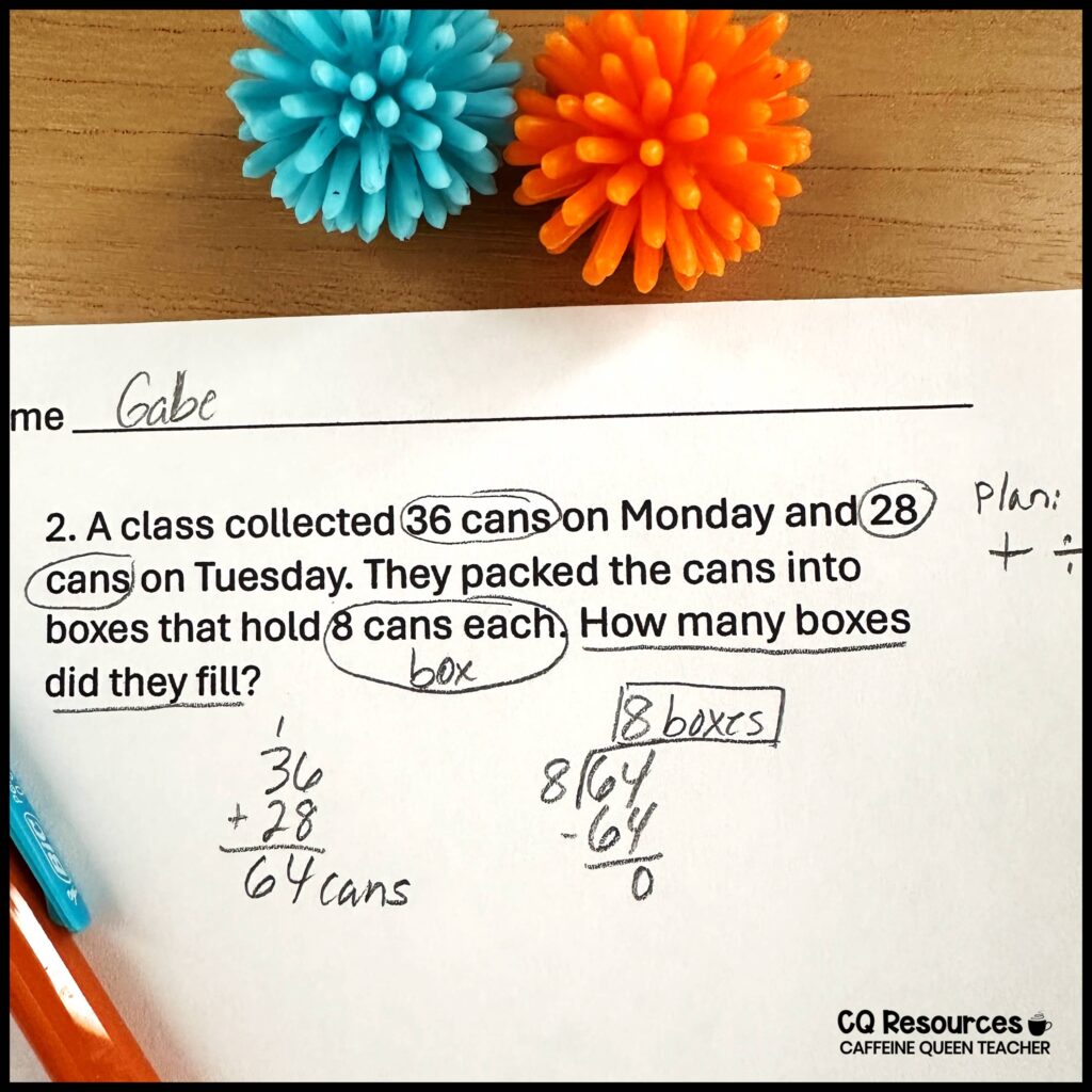 2-step math word problem marked up to help students solve it