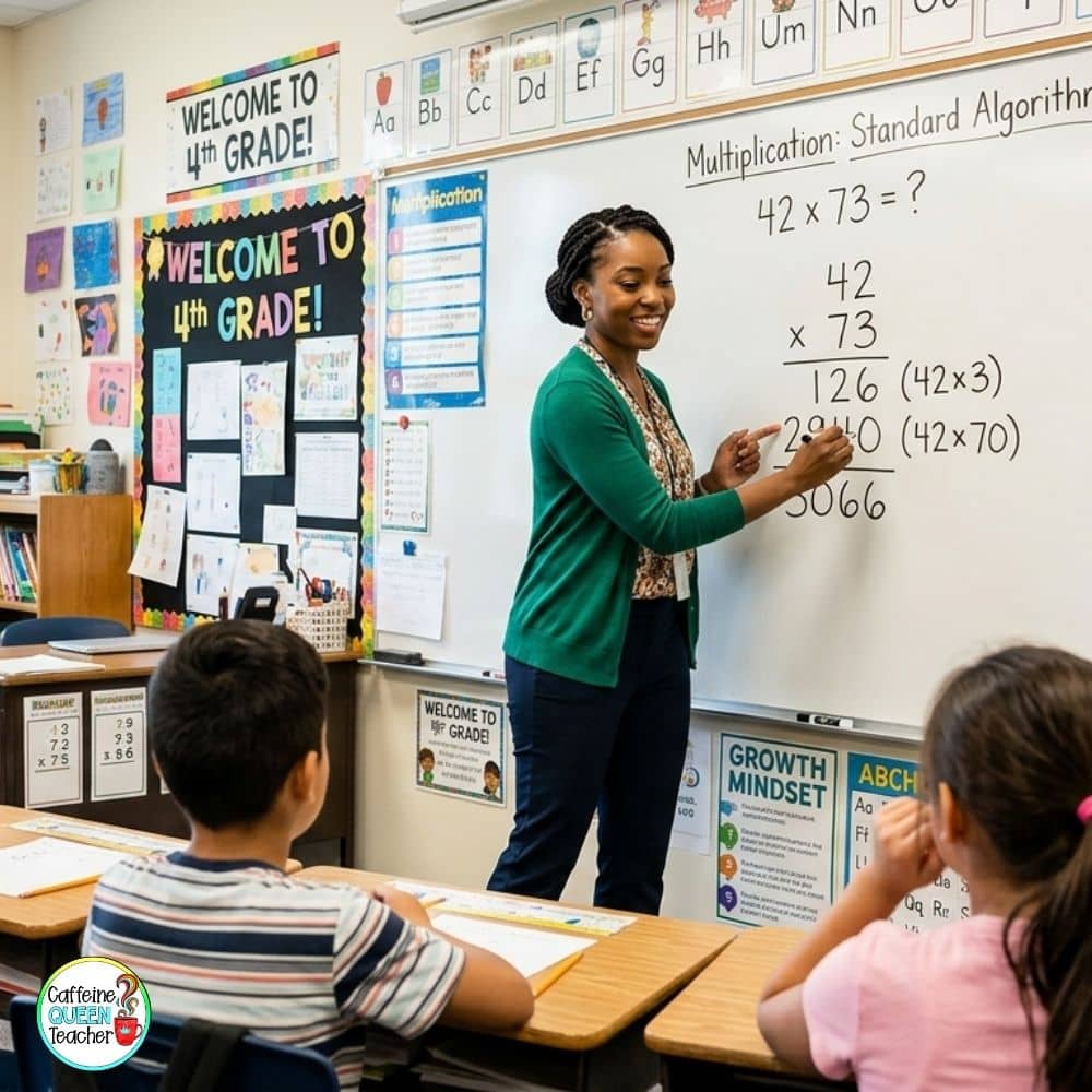 teacher multiplying 2 digit numbers following the science of math principles