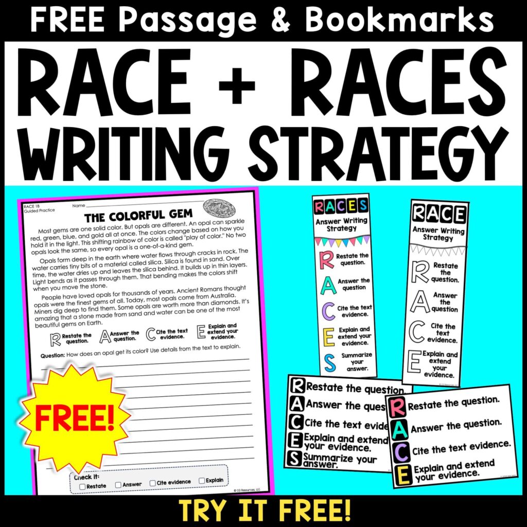 RACE & RACES writing response strategy with bookmarks and reference cards