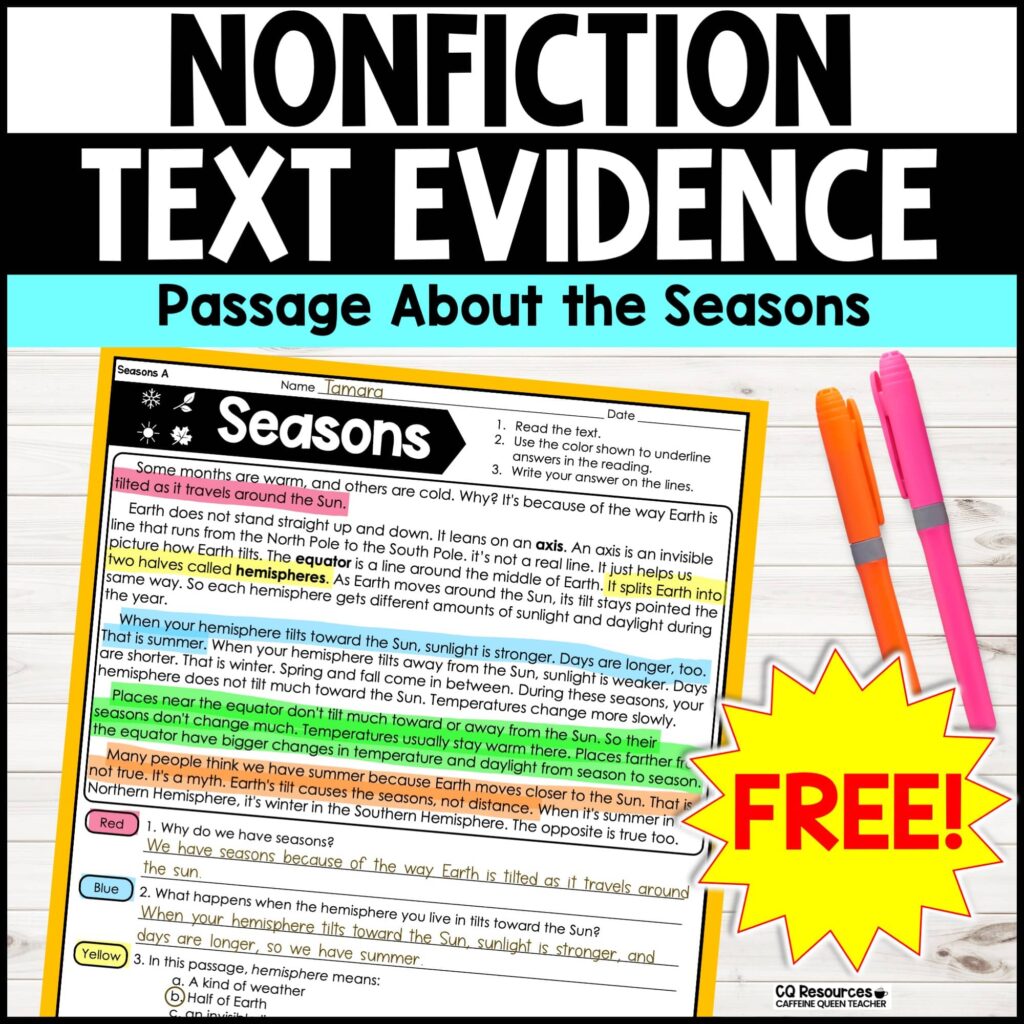 text evidence reading comprehension passage about the seasons