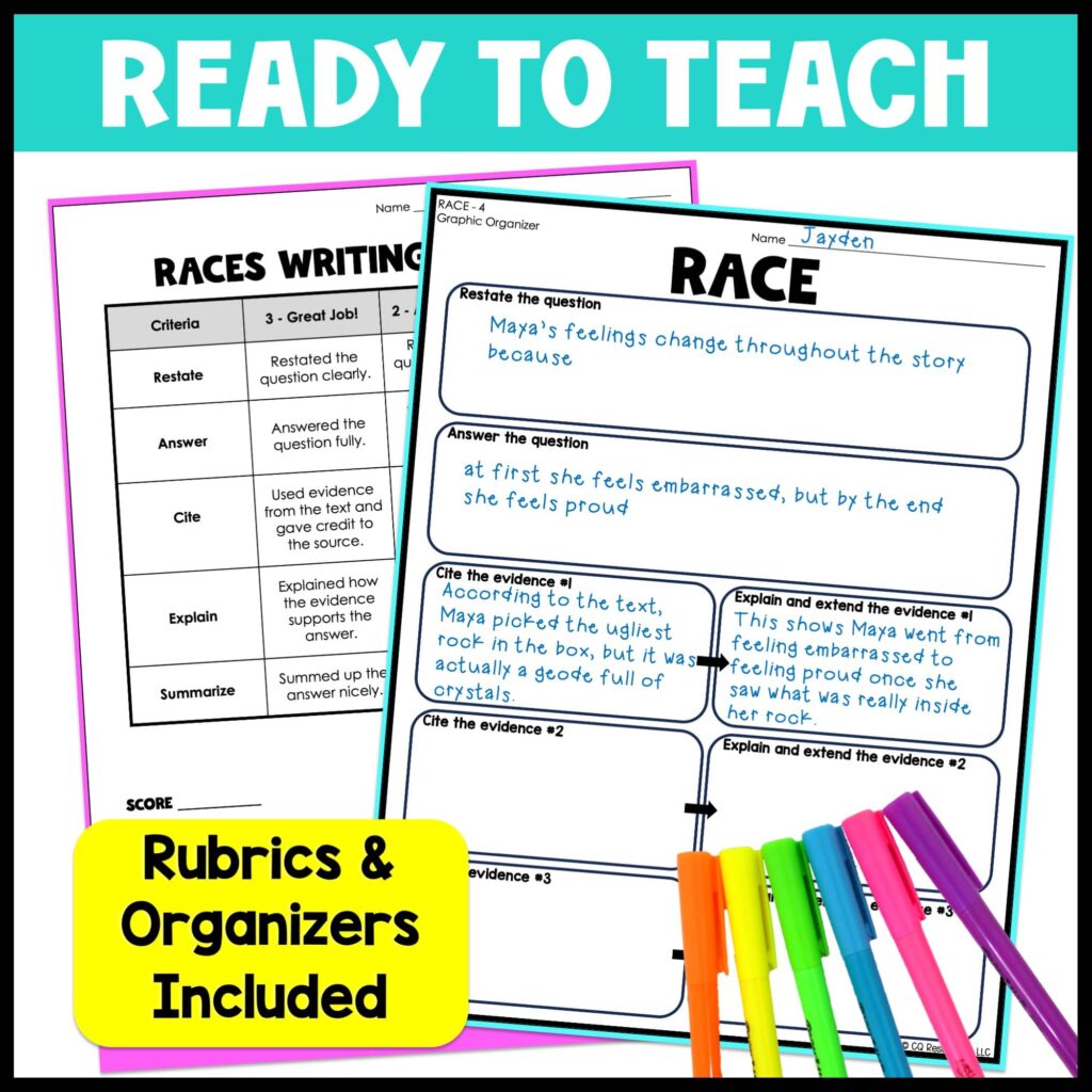 RACE graphic organizer filled out by a student citing and explaining text evidence, next to a RACES writing rubric with scoring criteria for restate, answer, cite, explain, and summarize