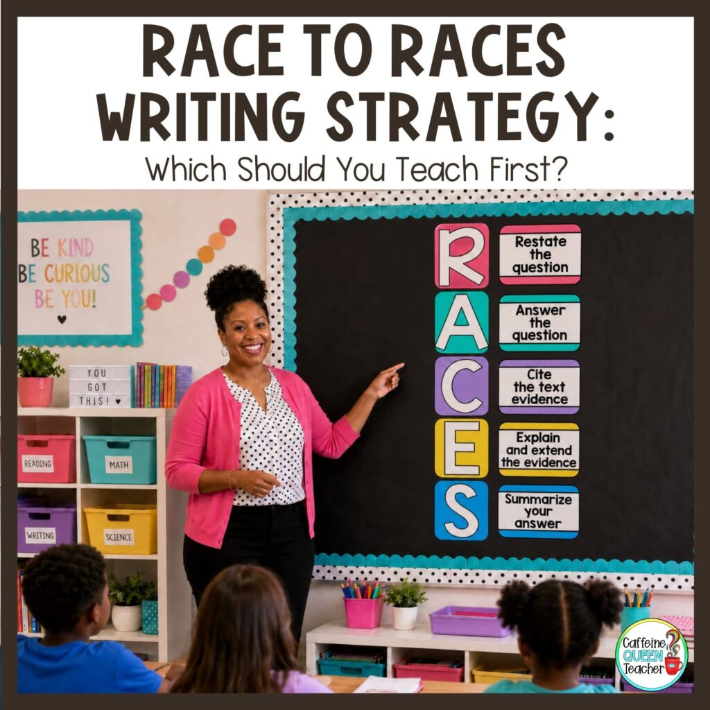 Elementary teacher pointing to a RACES anchor chart on the classroom board while students sit at their desks, with text reading RACE to RACES Writing Strategy: Which Should You Teach First