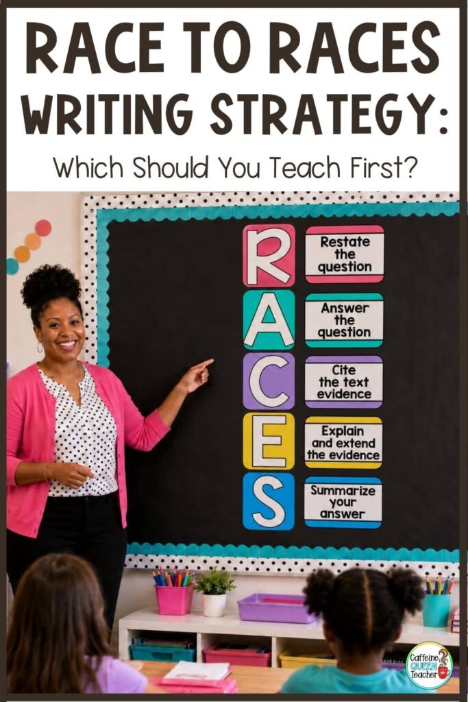 Teacher pointing to a RACES writing strategy bulletin board in an elementary classroom with the words “RACE to RACES Writing Strategy: Which Should You Teach First?”