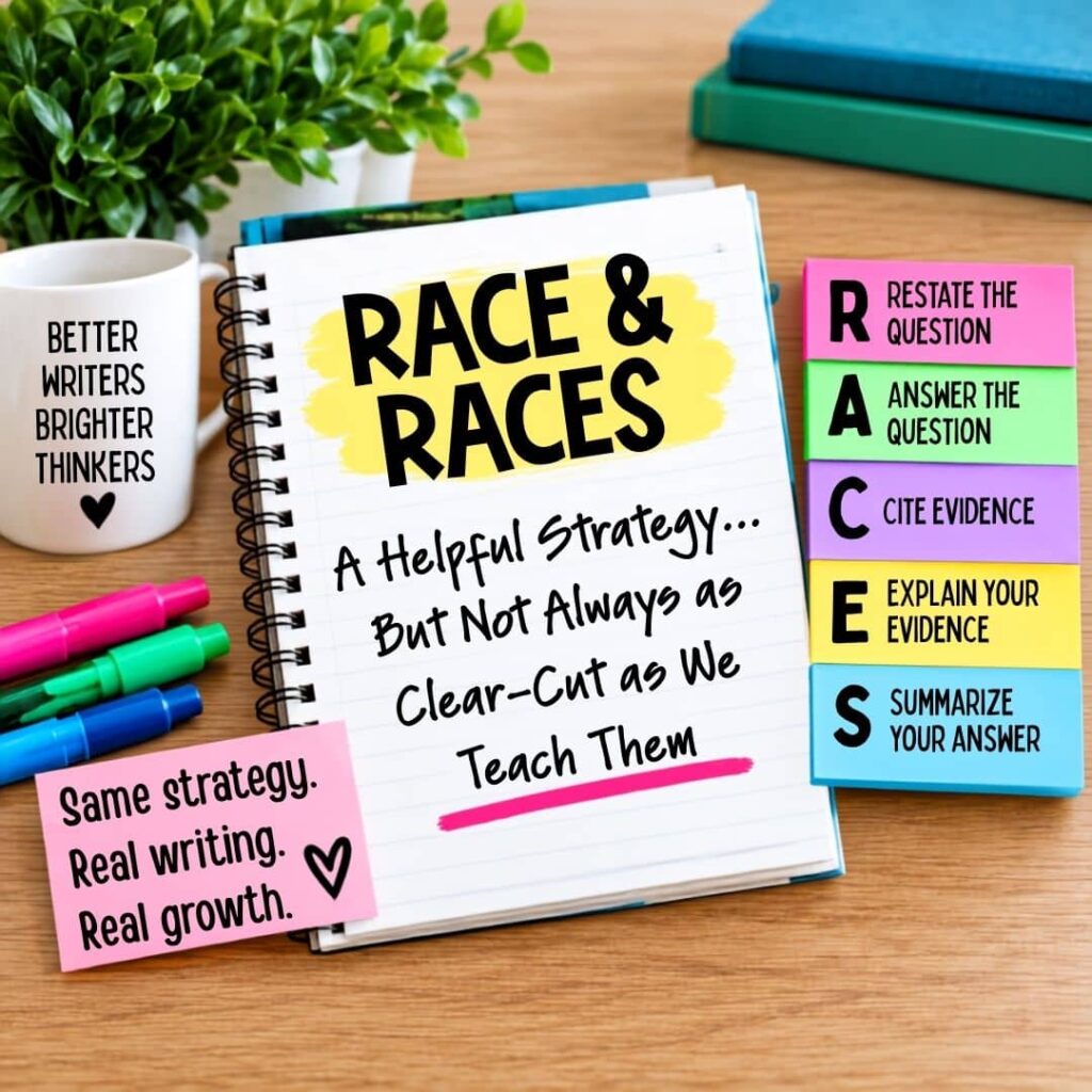 RACE and RACES writing strategy graphic showing the five steps: Restate, Answer, Cite, Explain, and Summarize your answer.