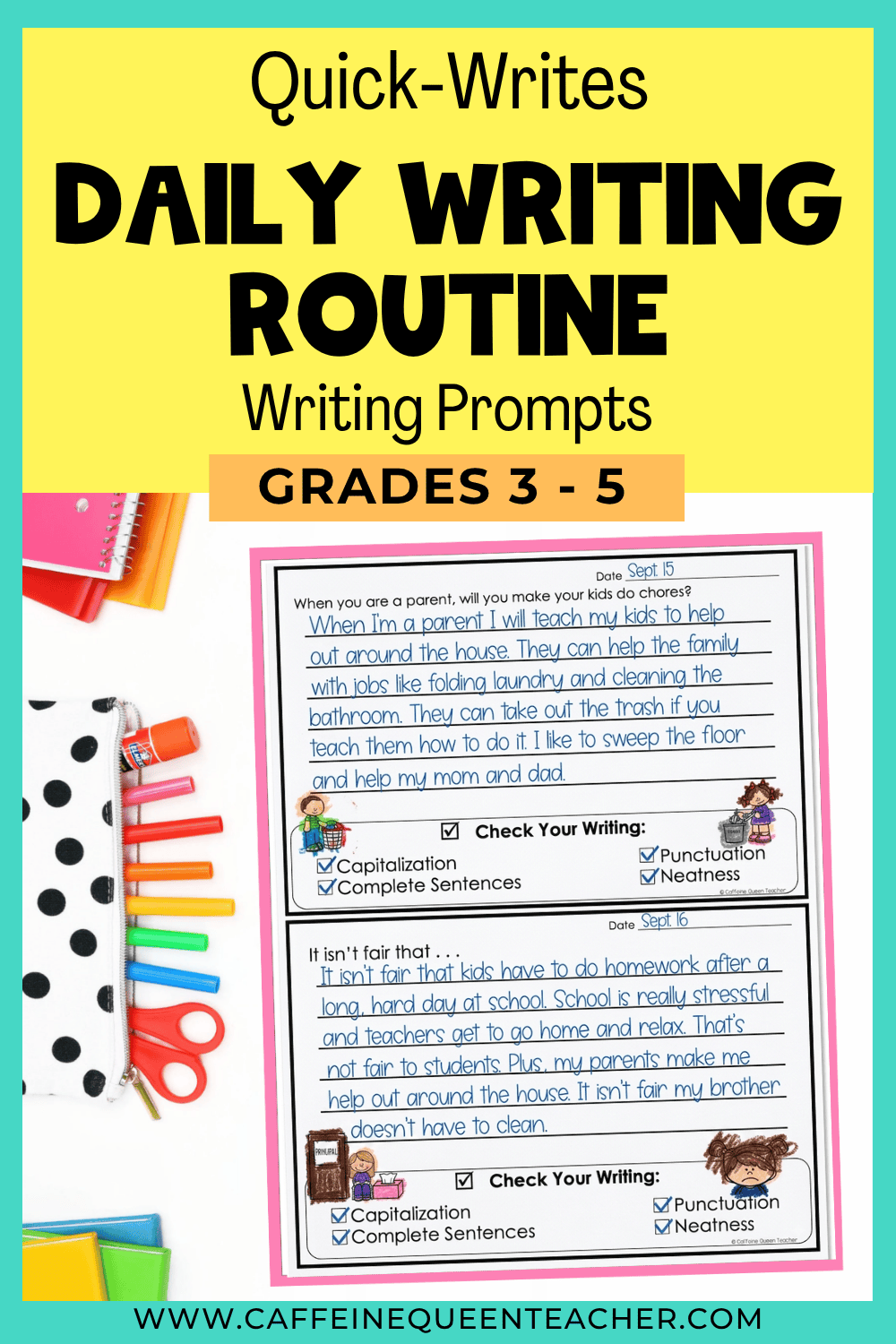Quick writes daily writing routine prompts for students to encourage writing skills to feel natural for students