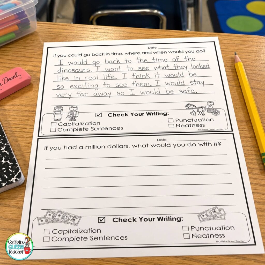 sample page of quick writes writing prompts by Caffeine Queen Teacher to boost students' writing skills