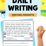 Pinterest pin showing a completed quick write daily writing prompt by a student