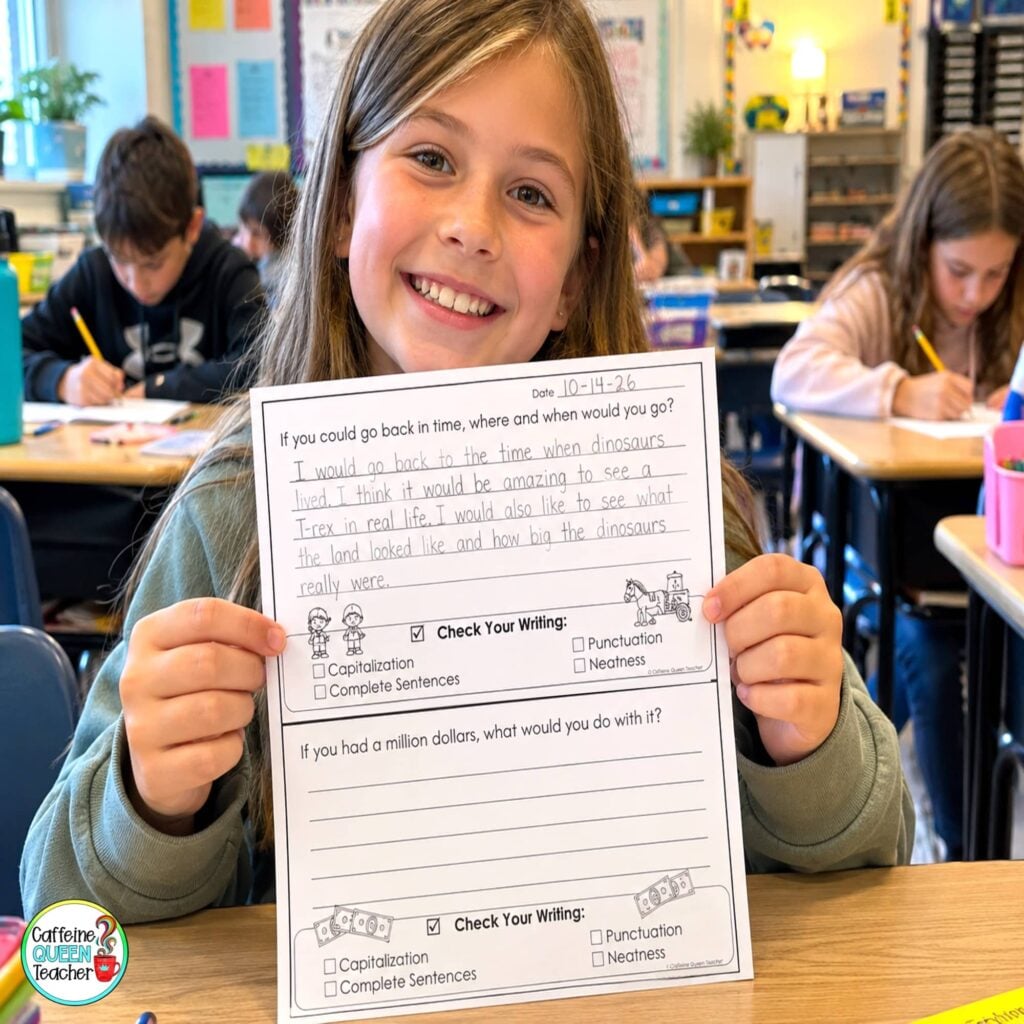 student proudly showing her completed daily writing page to improve her writing skills
